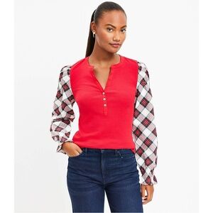 Ann Taylor LOFT Red Ribbed Knit Plaid Balloon Sleeve Holiday Christmas Top M